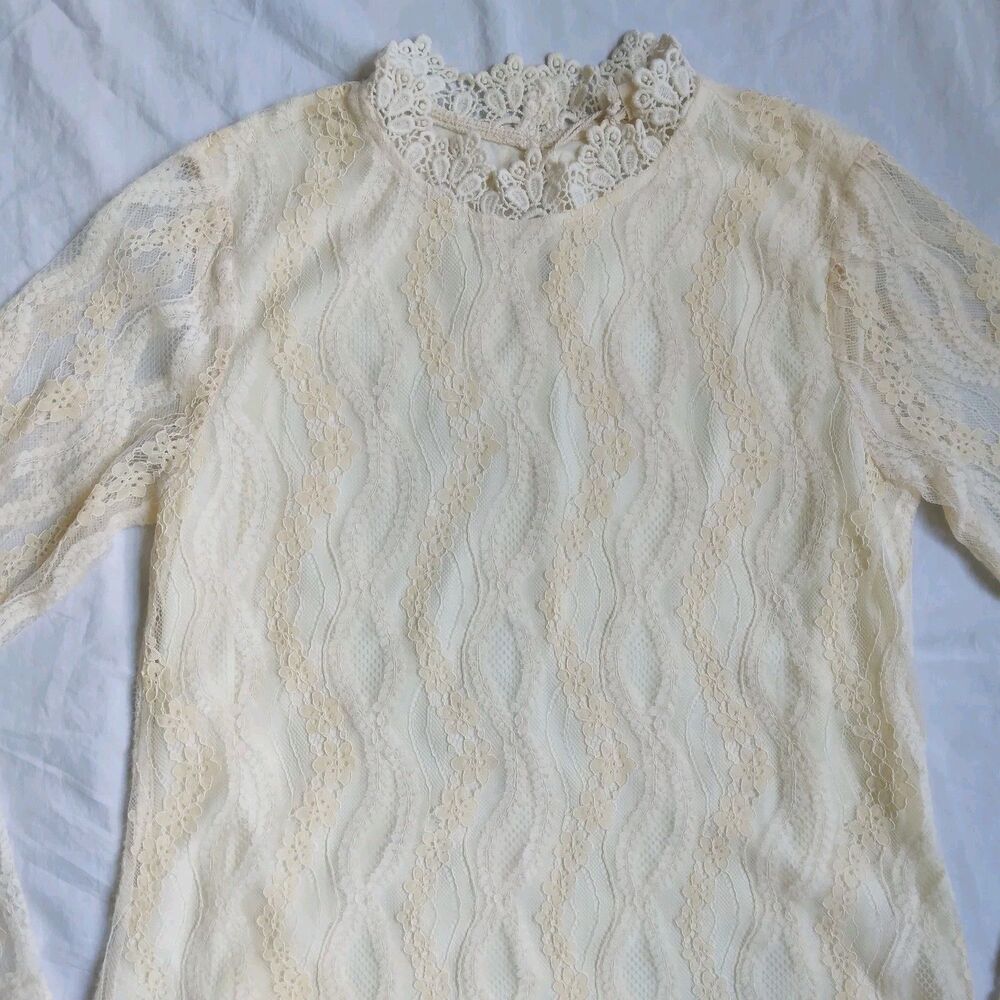 Mystree Ivory Long Sleeve Blouse Crochet Lace Floral Fairy Women’s Size S - Picture 5 of 11